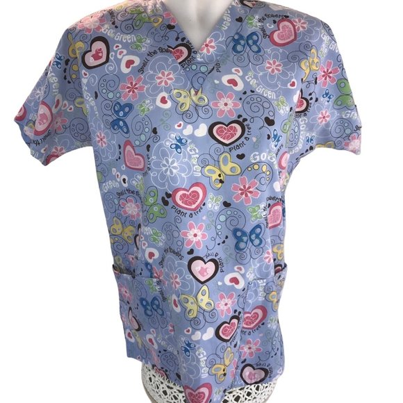 HQ Scrub Smell the flowers Hearts Butterflys Scrub No Size Tag 3 Pocket Raglan - Picture 1 of 11